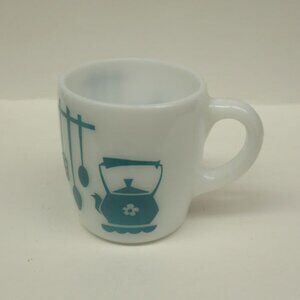 Hazel Atlas Milk Glass Handled Mug Featuring Turquoise KITCHEN AIDS Design - HTF